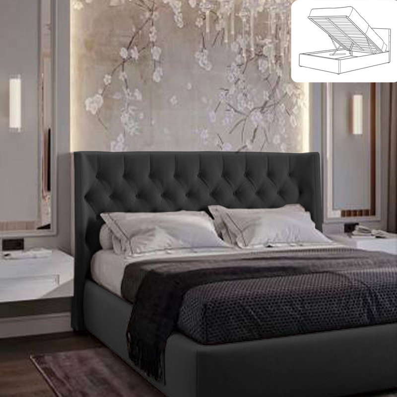 Rebeca Wingback Ottoman Storage Bed - Plush Velvet Gas Lift Bed Frame with Headboard, Kingsize (5'), Black