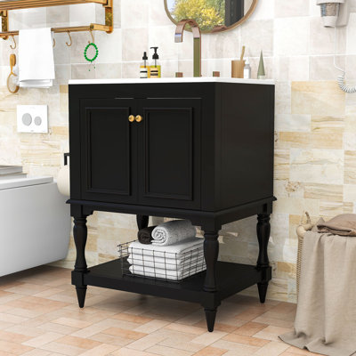 Meuble-lavabo autoportant élégant avec lavabo en céramique, tablette ouverte et rangement fermé