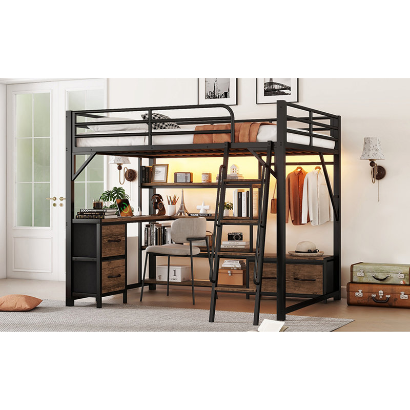 Grand lit mezzanine avec bureau, station de charge, Led et Smooth - Tiroirs à ouverture en métal, tablettes de rangement confortables