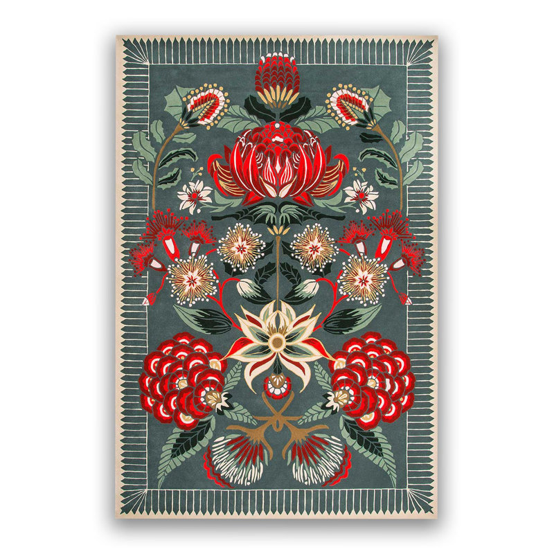 Tapis multicolore à motif floral vert et rouge, Rectangle 4 pi 11,06 po x 9 pi 10,11 po