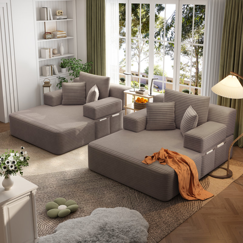 Ensemble 2 pièces de chaise longue en velours côtelé désossé, canapé-lit convertible avec poches latérales - aucun assemblage requis