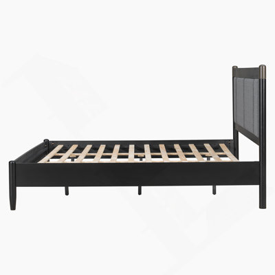 Solid Wood King Bed With Heavy Duty 600 Lbs Support, No Box Spring Needed, Black Upholstered Headboard And Metal Handles