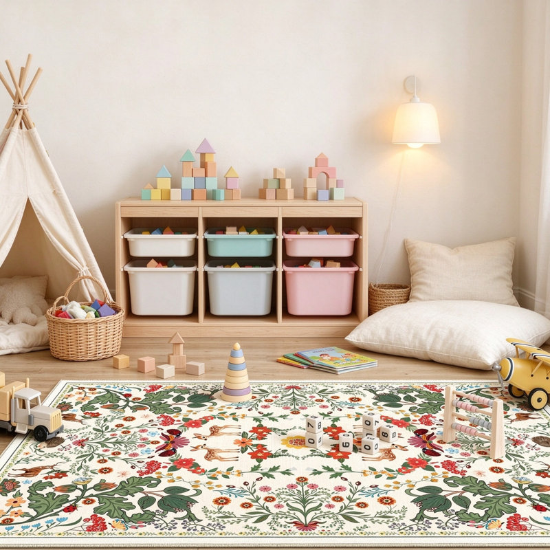 80 x 150cm Vintage Beige Deer Animal Rug, Washable Ultra Soft Upgraded TPR Non-Slip Low-Pile Non-Shedding Area Rug, Pet Friendly Carpet for Lounge, Bedroom, Nursery & Kids Playroom
