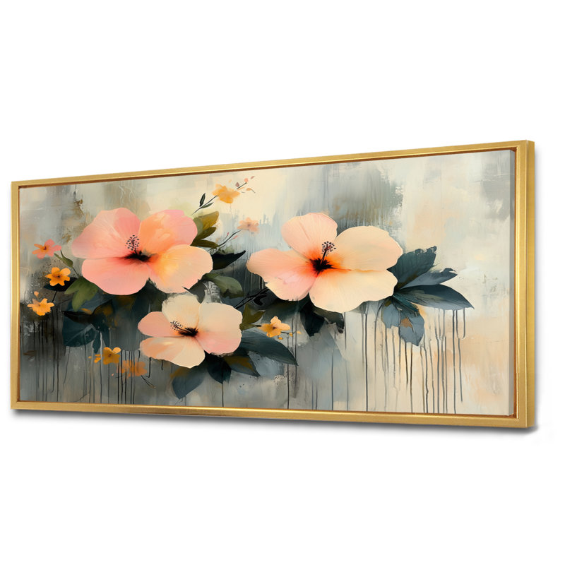 Irmuun Minimalisme, Hibiscus Spring Symphony - Hibiscus Wall Art, H 28 po x l 60 po, Impression encadrée flottante, Doré