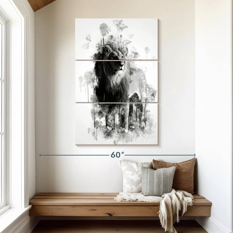 Lion noir et blanc, H 50 po x l 32 po