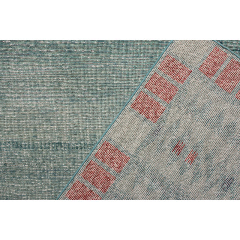 Rug & Kilim’S Distressed Scandinavian Rug In Blue Geometric Pattern, Blue/Red, Rectangle 6' x 9'