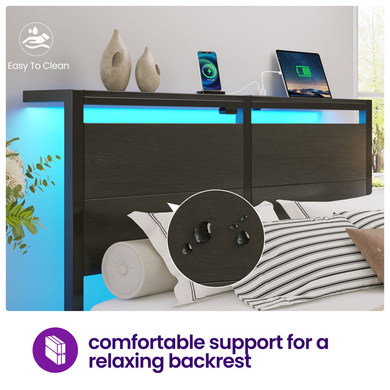 Deviana Metal Bed Frame with Headboard & Footboard and Charging Station, LED Light Included