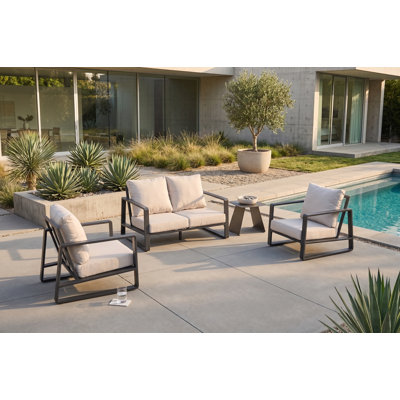 3-piece Outdoor Aluminum Conversation Set With Loveseat And 2 Club Chairs, Dark Grey Frame And Light Grey Cushions
