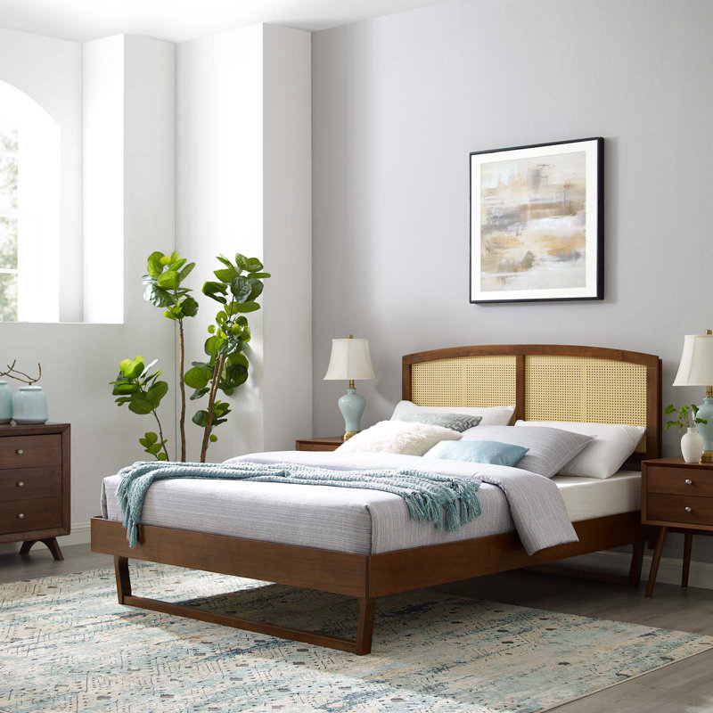 Sierra Cane and Wood Platform Bed with Angular Legs, King, Walnut