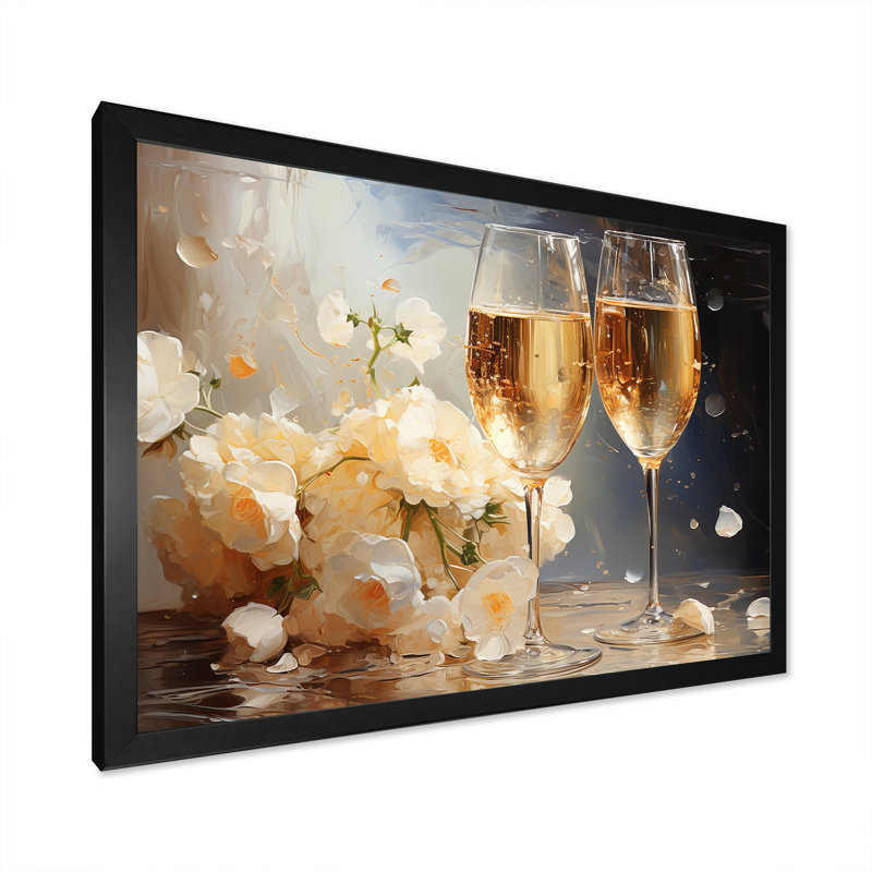 Bulles de fleurs dorées et blanches - Champagne, art mural, Cadre d'angle fermé noir, H 12 po x l 20 po x P 1 po