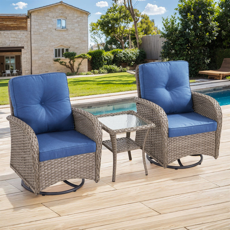 Ensemble de meubles de patio 3 pièces Valierius avec coussins et table d'appoint en osier, Gris, Bleu