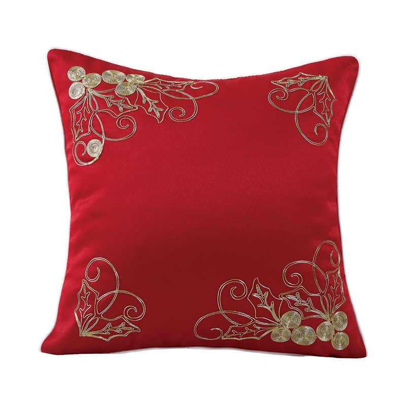 Ornements de Noël en lin violet saisonnier, motif rouge vif uni, tissu en satin de polyester, brodé, bordure passepoilée blanche, feuilles, 18 po x 18 po, carré, coussin décoratif décoratif