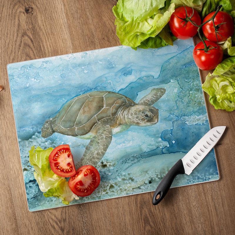 Under Sea Life Tempered Glass Cutting Board with Sea Turtle Design