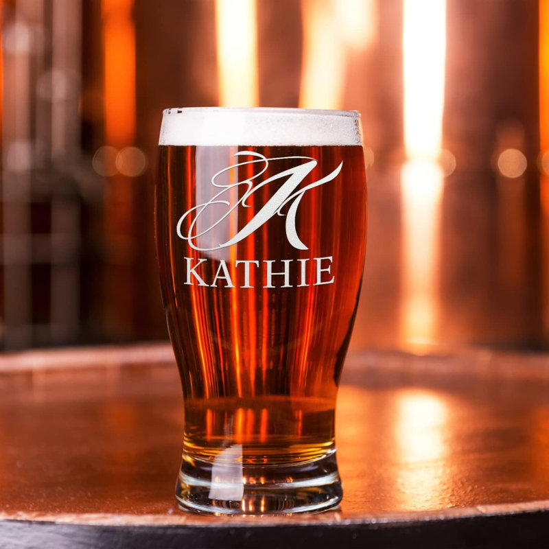 Personalized Pub Glass Script Initial And Name 20 Oz Orange Bottom Etched Beer Glasses With Custom Text Birthday Gift For Men And Women