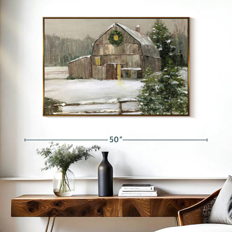 Grange enneigée, Cadre flottant doré, 40 po x 27 po