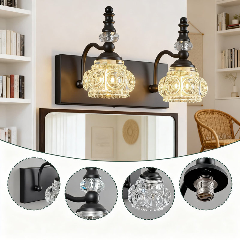 Modern Wall Sconce With Crystal Glass Shade Vanity Lighting For Bathroom And Indoor Spaces Vintage Industrial Style, 2 Lights