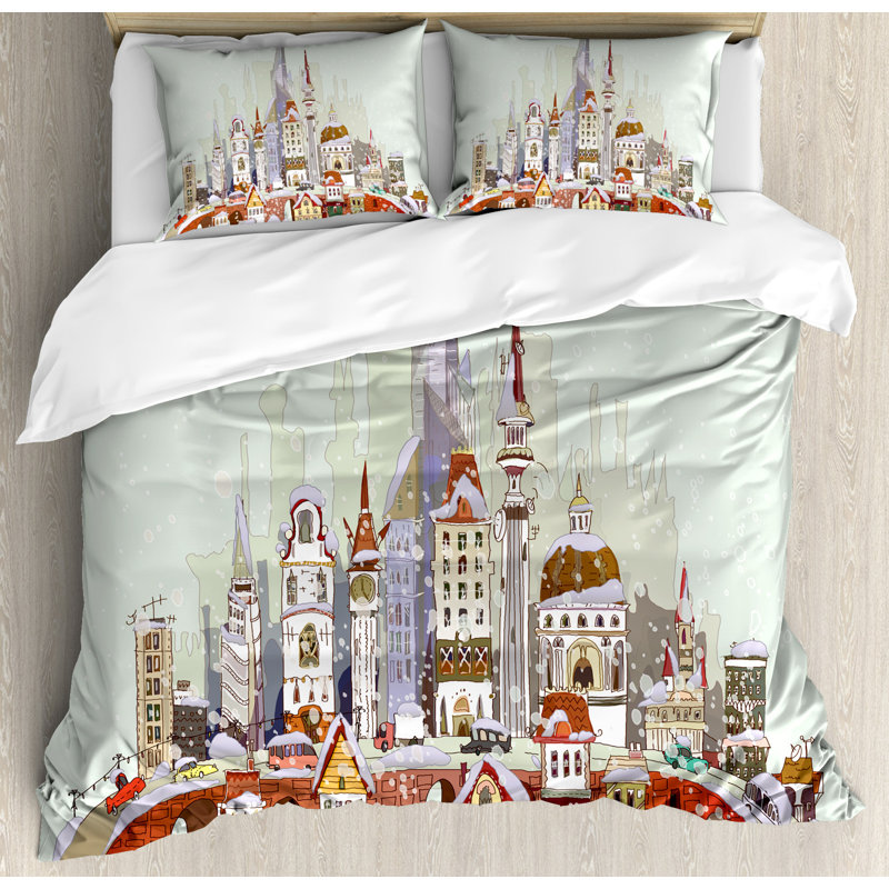 King Size Pale Green Lavender Cityscape Duvet Cover Set