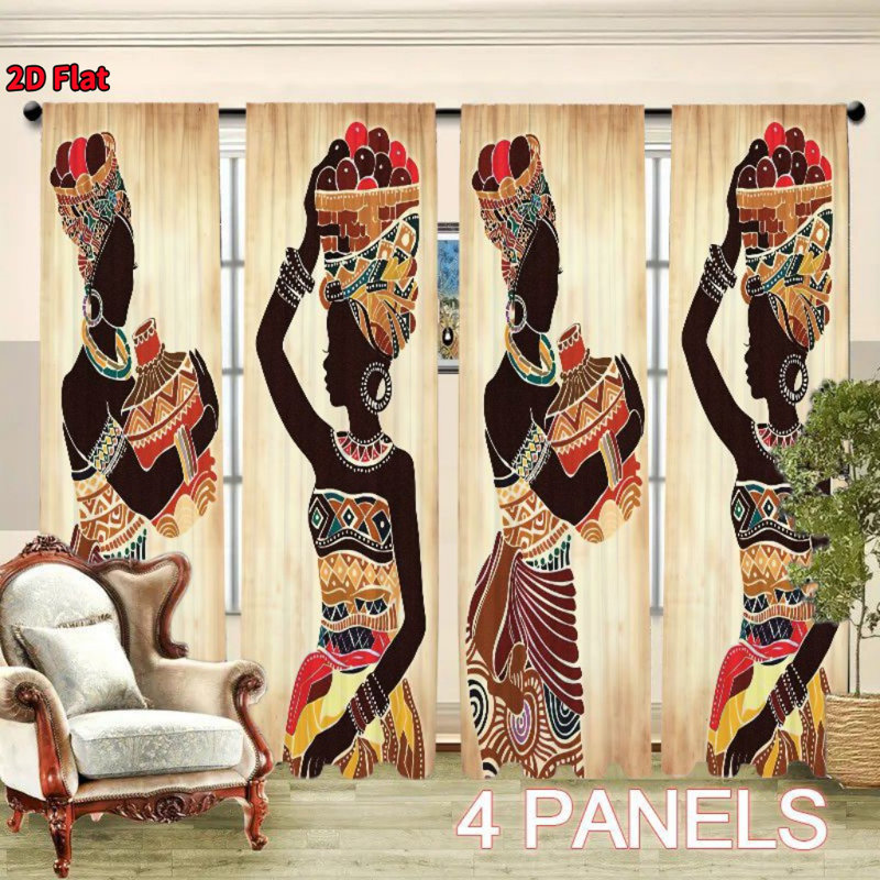 4Pcs African Tribal Women Print Curtains, Ethnic Style Door, Living Room, Bedroom Home Decoration Window Drapes, Retro Boho Rod Pocket Decor
