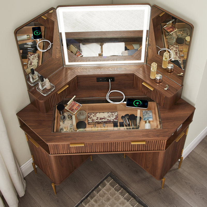 Meuble-lavabo de coin 48 po avec miroir à 3 panneaux lumineux et prise de recharge, Light Walnut