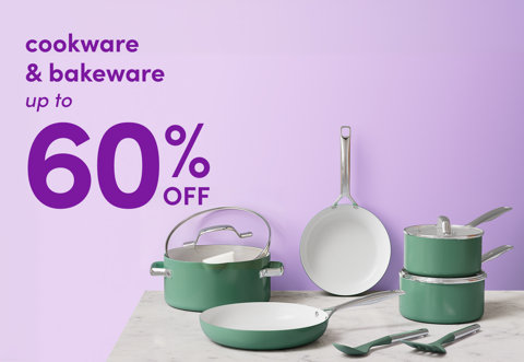 Cookware and bakeware sale up to 60 percent off featuring a set of green pans and pots on a marble countertop against a light purple background.