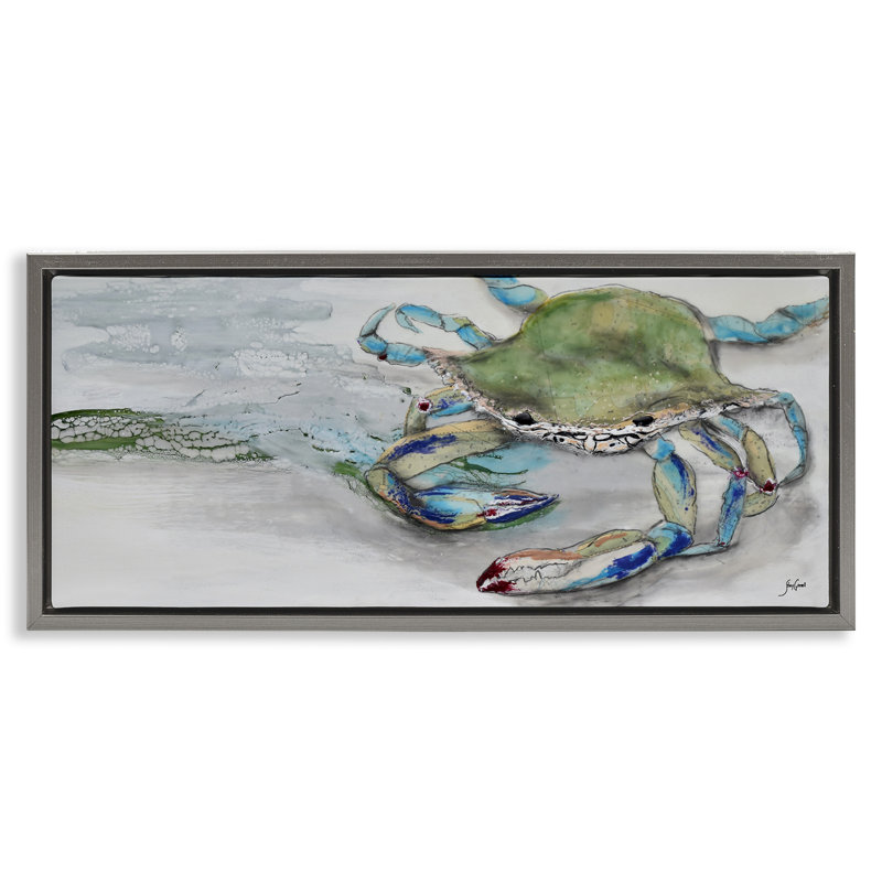 Crabe vif sur le rivage de la plage, Cadre flottant gris lustré, H 14 po x l 31 po