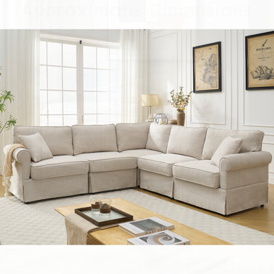 Ensemble de canapé modulaire modulaire, canapé convertible en forme de L, 5 sièges, canapé d'angle rembourré réversible avec accoudoirs roulés et tissu en lin doux