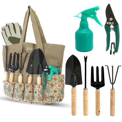 SereneLife 8-Piece Garden Tool Set with Bag, Stainless Steel Tools, Wooden Handles and Soft Poly-Cotton Gloves for Planting, Pruning and Home Gardening