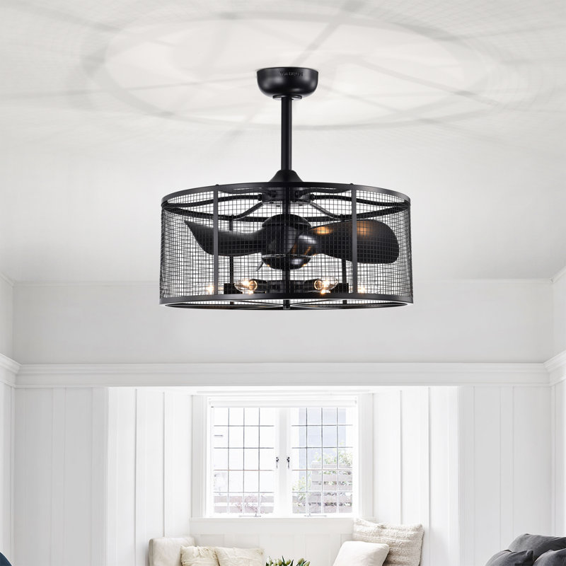 Ventilateur de plafond 3 pales 23 pouces noir mat 6 lumières, avec télécommande