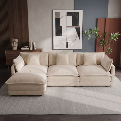 Oversized Modular L-Shaped Sectional Sofa with Reversible Ottoman and Plush Cushions, Light Coffee