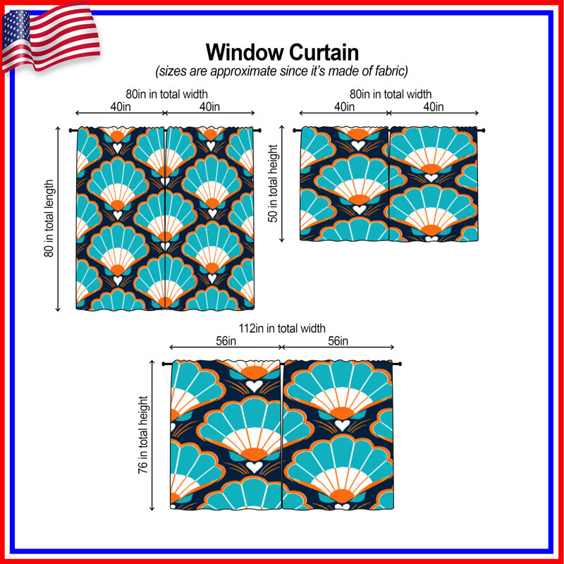 Rideaux obscurcissant bleu et orange à motif de coquillages - 2 panneaux, 40 po x 82 po - 2 panneaux, Room Darkening