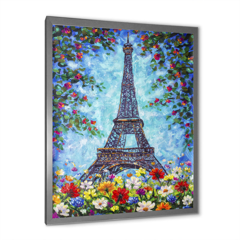 «Eiffel Tower Paris with Spring Flowers», peinture sur toile encadrée, H 32 po x l 16 po x P 1 po
