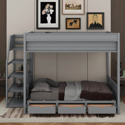 Wood Full Size Convertible Bunk Bed With Storage Staircase, Bedside Table, And 3 Drawers