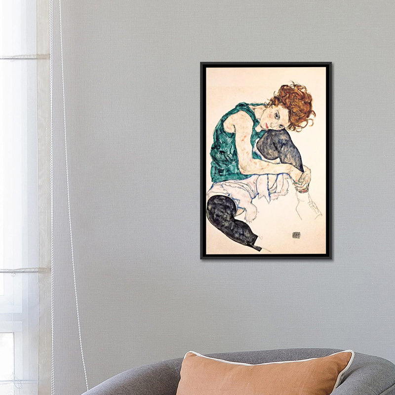 Egon Schiele Seated Woman with Bent Knee II Painting Print on Wrapped Canvas, Black Framed Canvas, 26" H x 18" W x 1.5" D
