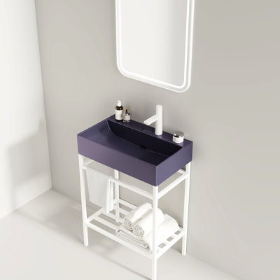 24" Bathroom Vanity With Ceramic Basin - Purple Rectangular Basin, Freestanding Console Sink, White, Modern Scandinavian, Strong Iron Shelf, Assembly Is Not Hard To Effect Glossy Console, Simple