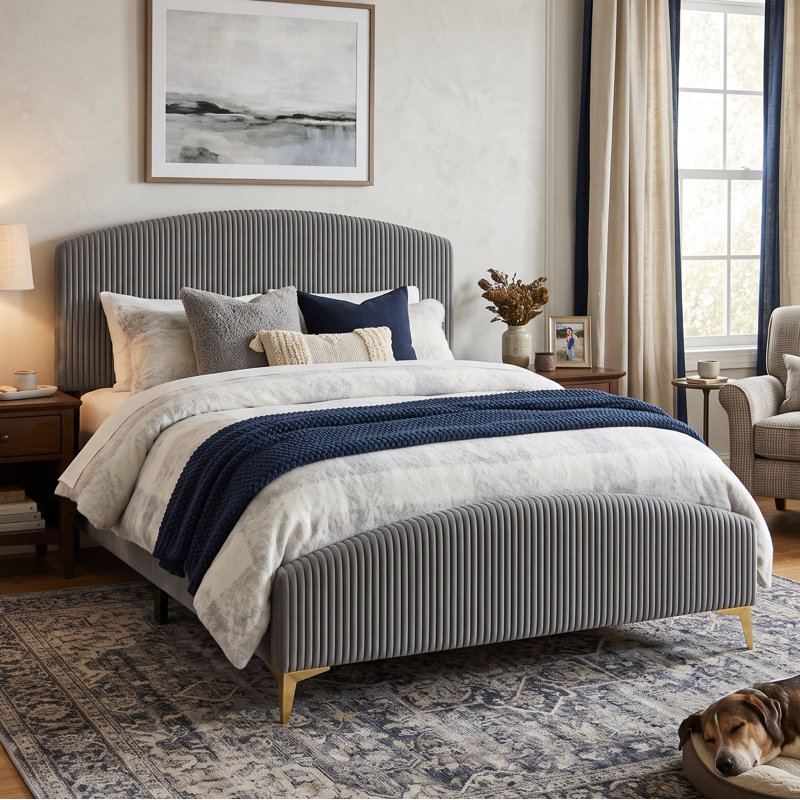 Alphonse Upholstered Velvet Standard Bed, Full, Gray Velvet