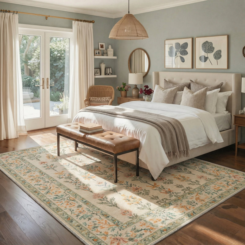 Aura Vintage Floral Machine Washable Beige / Orange / Green Indoor Area Rug with Non-Slip Backing, Rectangle 8' x 10'