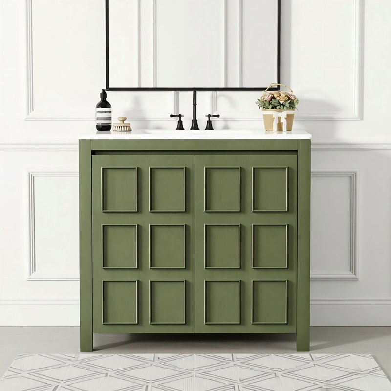 36 " Bathroom Vanity Organizer with Ceramic Sink, Set Bathroom Storage Cabinet, Olive Green, Olive Green