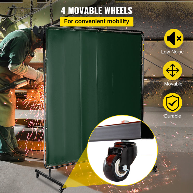Écran de soudage avec cadre, rideau de soudage à 4 roues, H 2 po x l 64 po x P 7 po, Vert