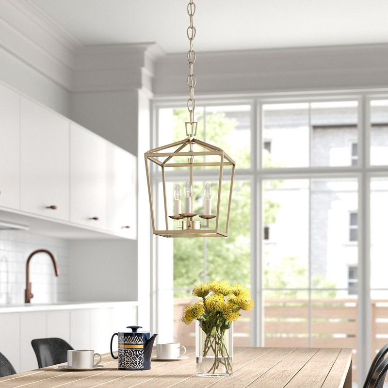 Finnegan 3-Light Dimmable Steel Geometric Lantern Chandelier, Satin Brass