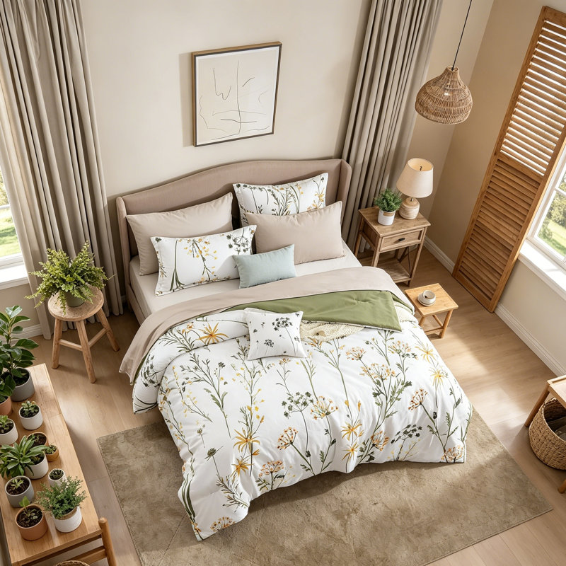 Ensemble d'édredon 7 pièces à motif de pissenlit très grand pissenlit - blanc et vert, Motif floral jaune / blanc