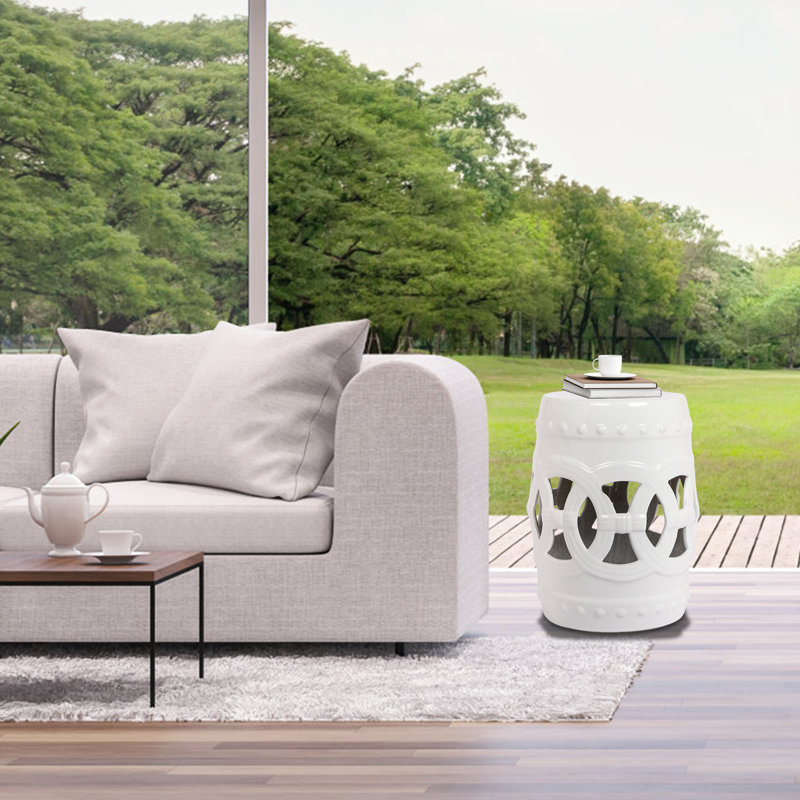 Table d'appoint en céramique 10,5 po x 17 po, blanc, polyvalent intérieur / extérieur, élégant tabouret d'appoint de jardin, blanc, émaillé, intérieur et extérieur attrayant