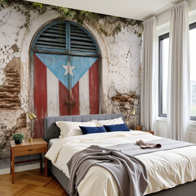 Peel and Stick Wallpaper Tropical Wall Mural Puerto Rican flag abandoned building door Wall Art Self Adhesive and Removable