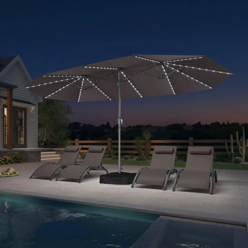 Parasol de patio 15 pieds double face gris avec base et lumières solaires Parasol de marché extérieur avec manivelle Parasol rectangulaire pour terrasse de jardin