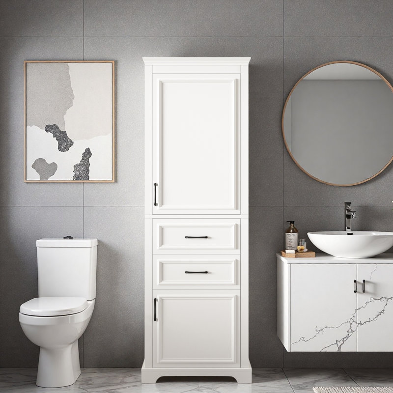Grand rangement autoportant pour salle de bain avec 2 portes à charnières, 2 tiroirs, tablette réglable et poignées noires Lron