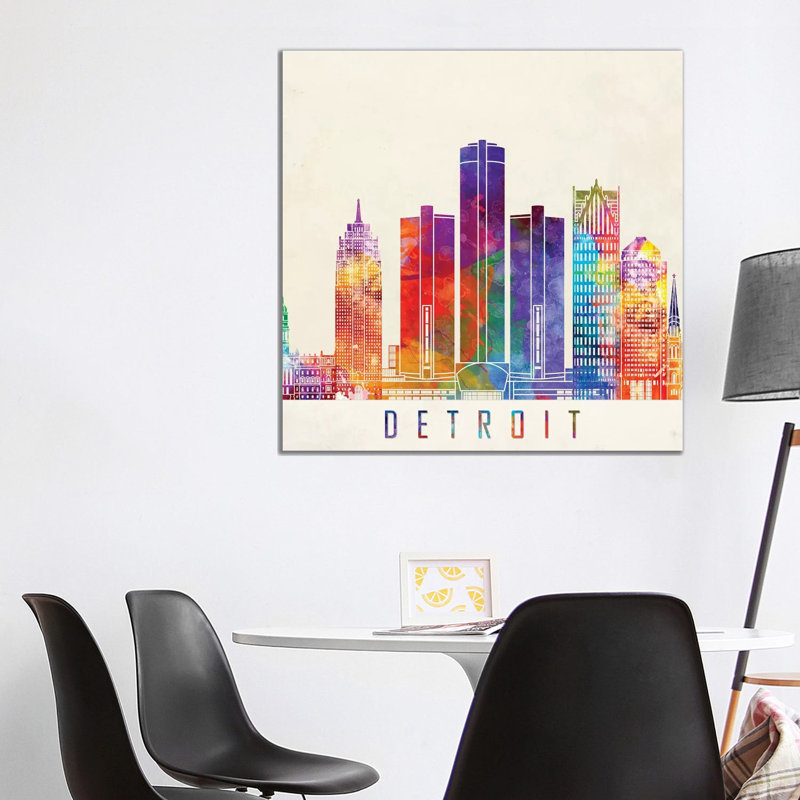 Detroit Landmarks Watercolour by Paul Rommer - Wrapped Canvas Print, 93.98 cm H x 93.98 cm W