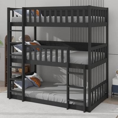 Twin-Sized Three-Tier Rubber Wood Bunk Bed, Fully Equipped With Ladders And Guardrails