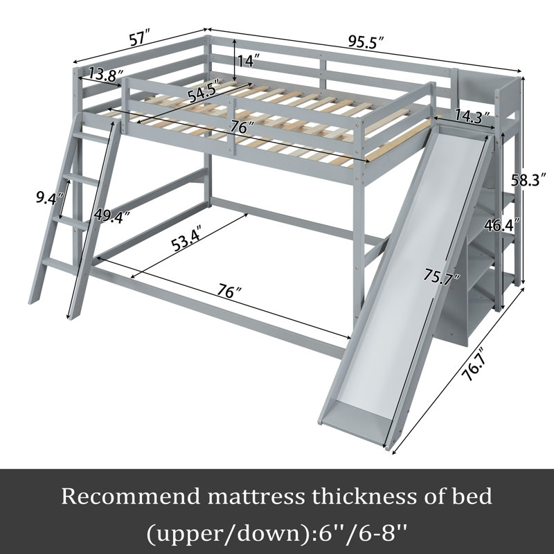 Full Over Full Bunk Bed With Ladder, Slide And Shelves, Gray