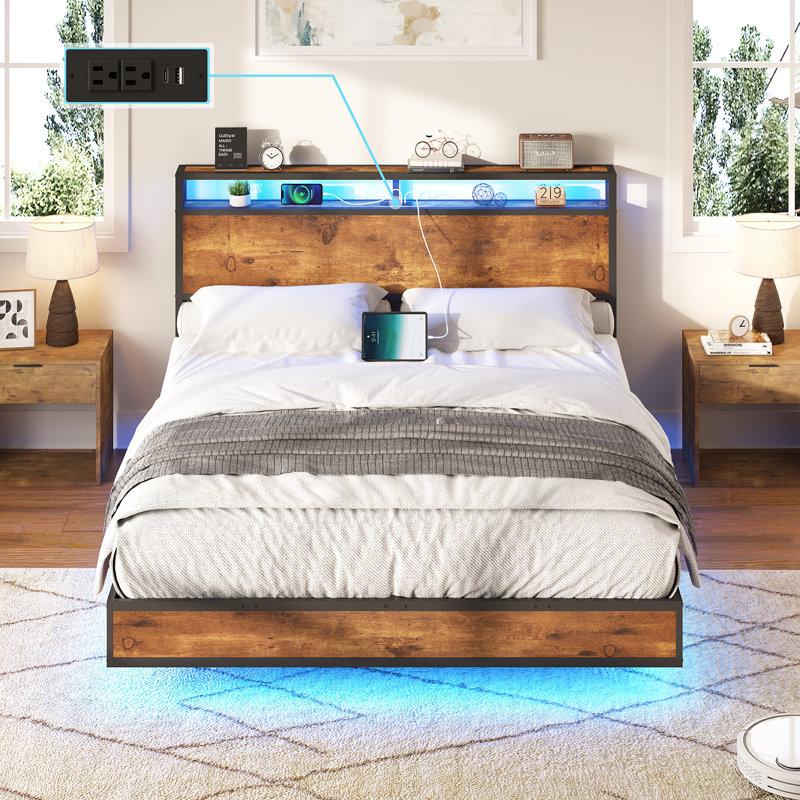 Tryston Floating Bed Frame With Led Lights, Industrial Platform Bed With Charging Station, Queen, Rustic Brown