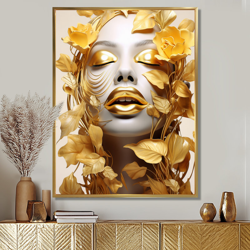 Portrait de femme blanche et dorée avec feuilles I - Fashion Woman, art sur toile, Cadre flottant doré, H 44 po x l 34 po