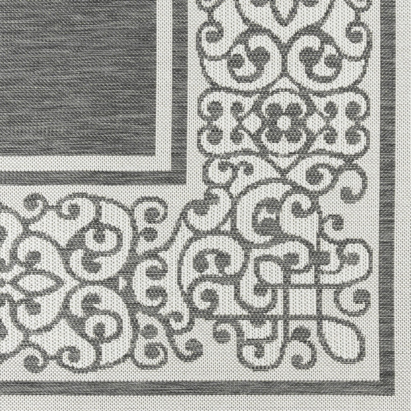 Solterra Portico Charcoal Gray Cream Ivory Transitional Wide Scrolled Border Flatweave Polypropylene Indoor/ Outdoor Area Rug